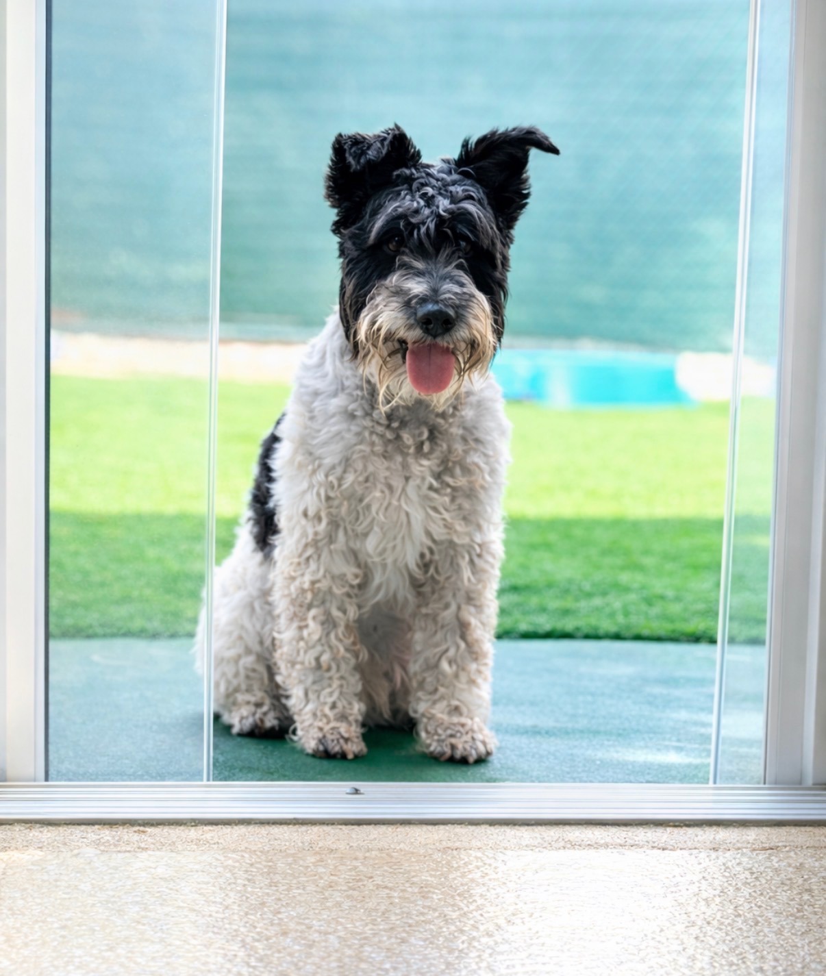 A fluffy black-and-white dog sits at a sliding glass door, looking eagerly outside toward a grassy area, ready to play.